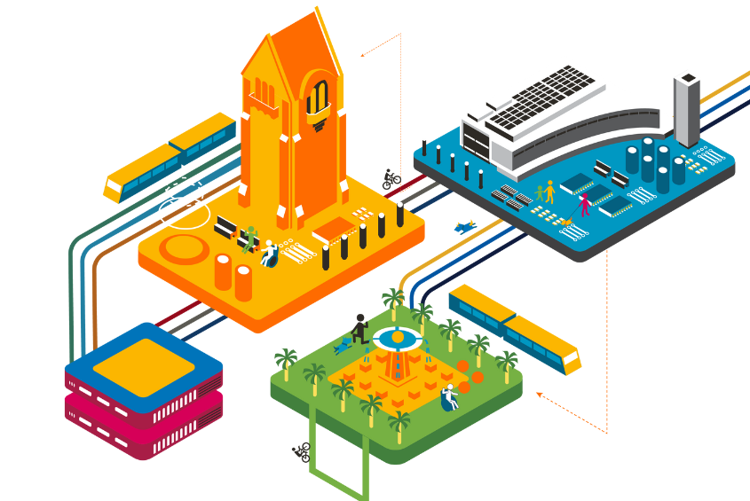 Stylized icons of SJSU campus landmarks