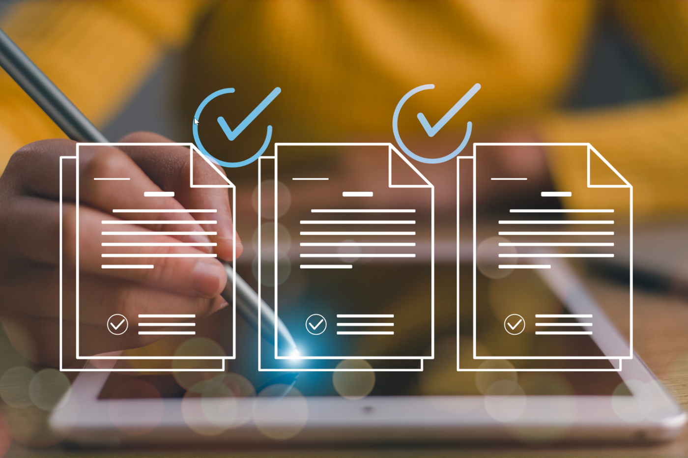 Three documents with two checkmarks showing accessibility