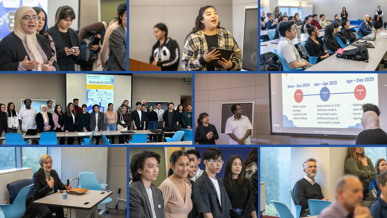 A photo collage of the HonorsX students presenting at their first ever culminating event with the program, SustainAI in 2024.