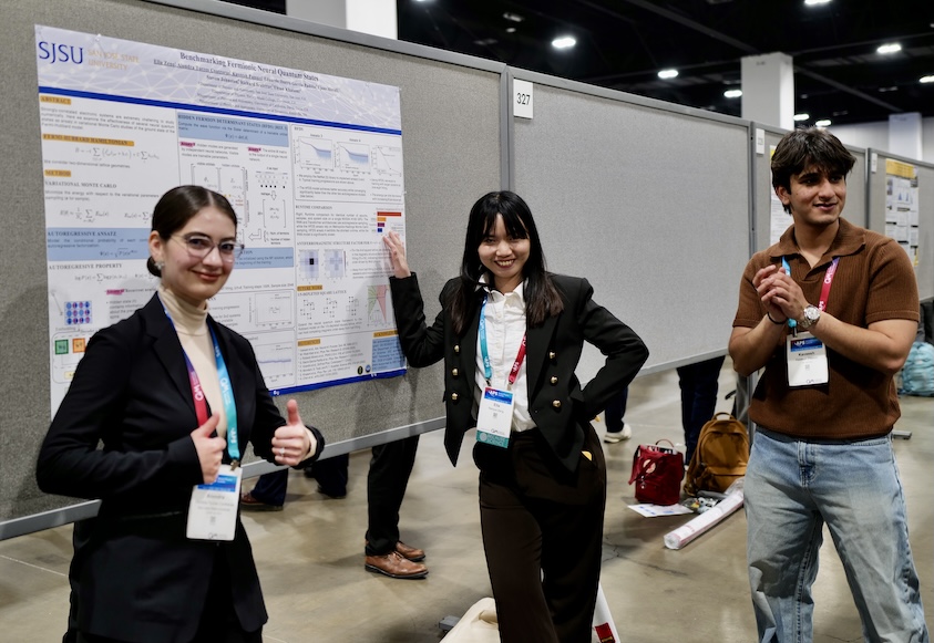 Photograph of SJSU students in front of a research poster.