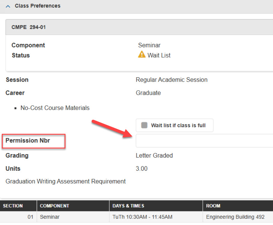Permission Number box