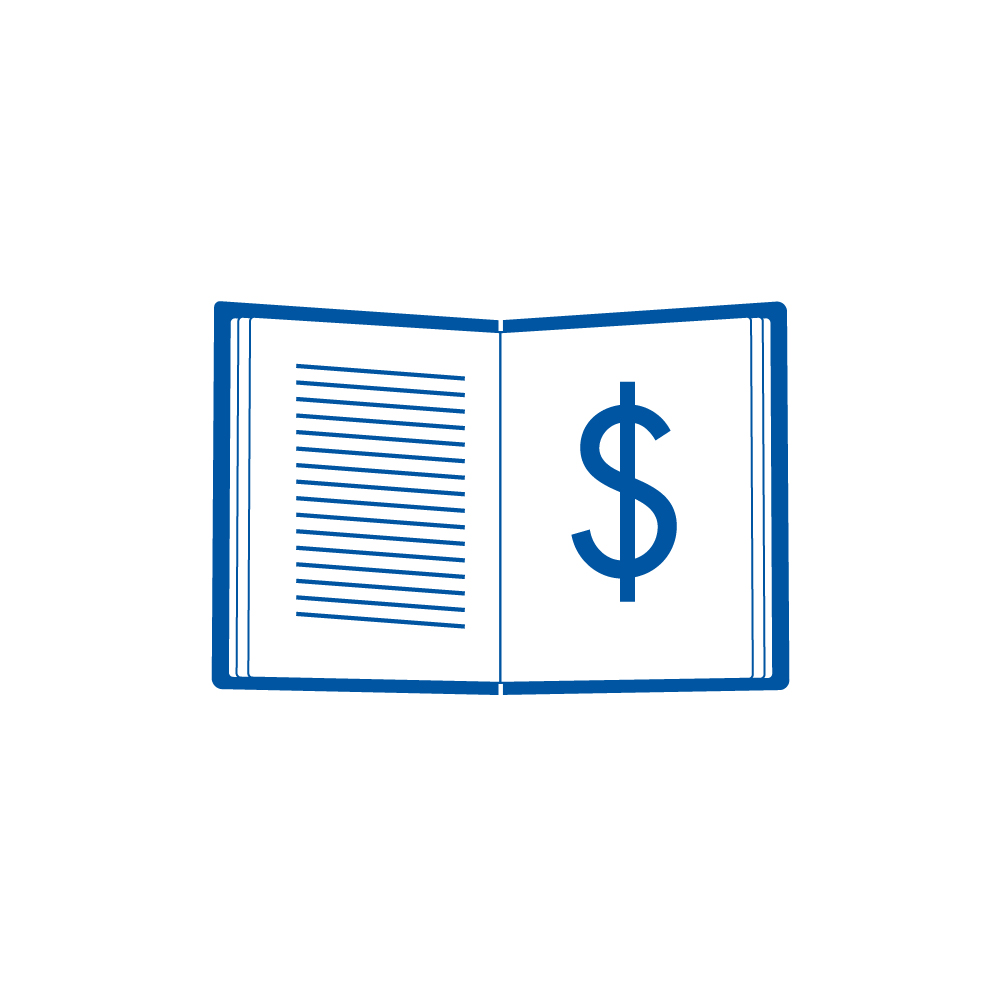 an open book with a dollar sign on the right side of the book.