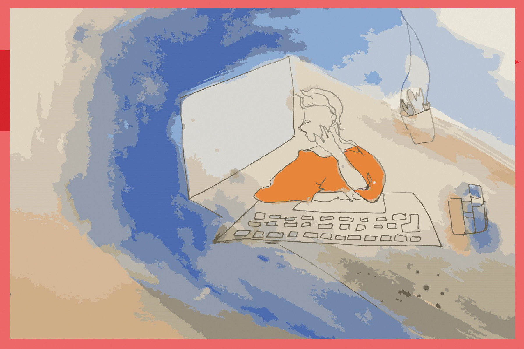 Sabrina Kwong figure with computer and blue background