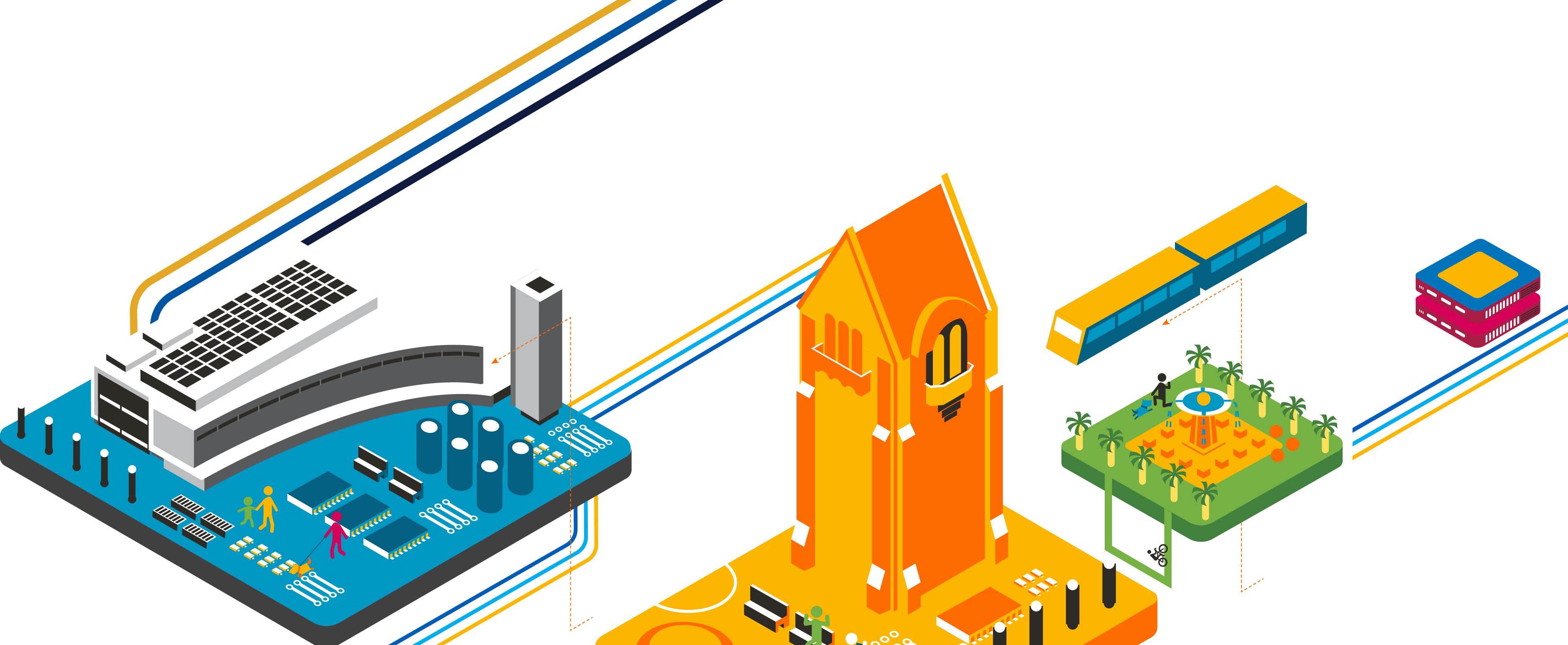 Stylized icons of SJSU campus landmarks